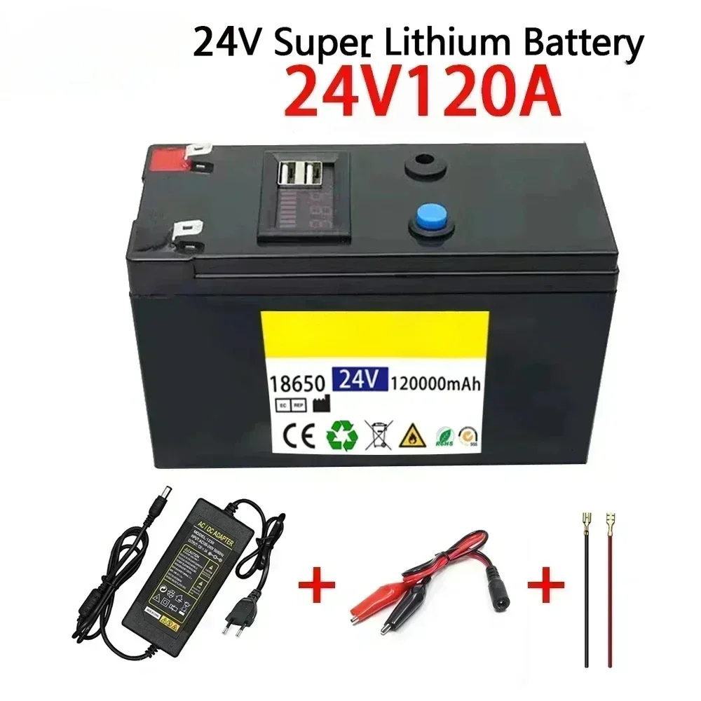 24V Battery 120Ah 18650 Lithium Battery Pack Rechargeable Battery for Solar Energy Electric Vehicle Battery+25.2v2A Charger