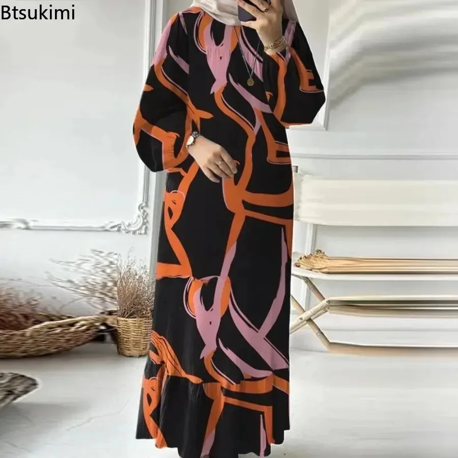 2024 Muslim Long Print Dress for Women Vintage Ruffle Hem Abaya Morocco Party Long Sleeve Dresses Islamic Dubai Arab Robe Female