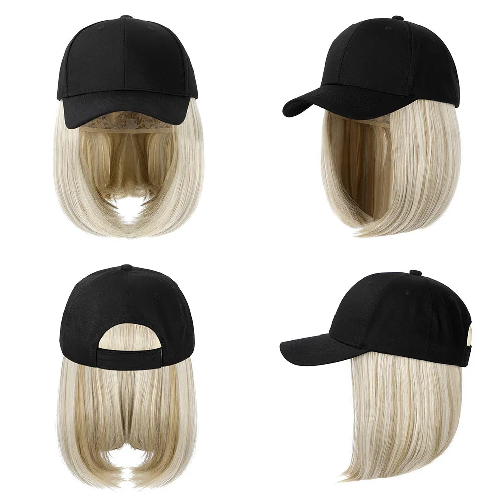 DIANQI Bobo Synthetic Straight Hair Hat Wig Black Peaked Cap Women\'s Wig High Temperature Heat-resistant Rayon Wig