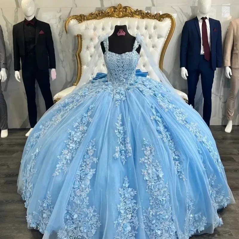 فستان Quinceanera مزين بالخرز اللامع ، فستان حفلة موسيقية ، أكمام دانتيل ، زهرة ثلاثية الأبعاد ، قوس الأميرة ، 15