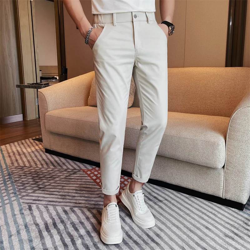 

Pantalones Hombre, весна-лето, новые однотонные брюки, мужская одежда, мода 2025, облегающие повседневные брюки до щиколотки, мужские черные брюки