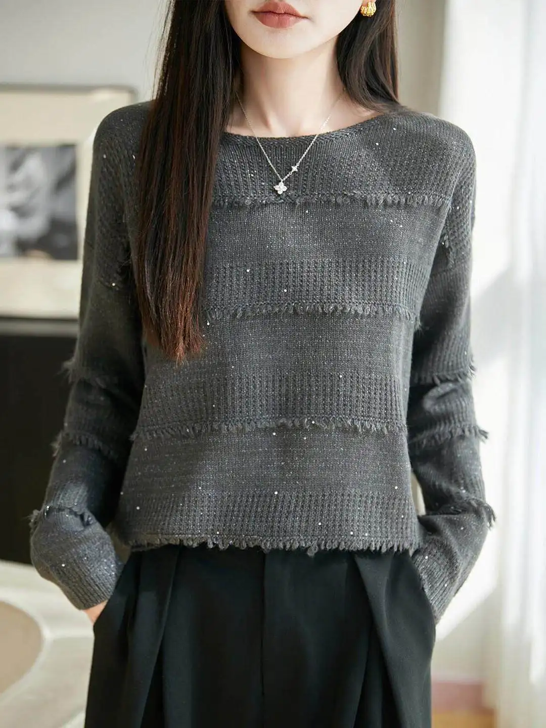 Korean Style round Neck Sequin Long Sleeve Women's Base Shirt Loose Knitted Sweater Inner Wear Comfortable Soft Fabric