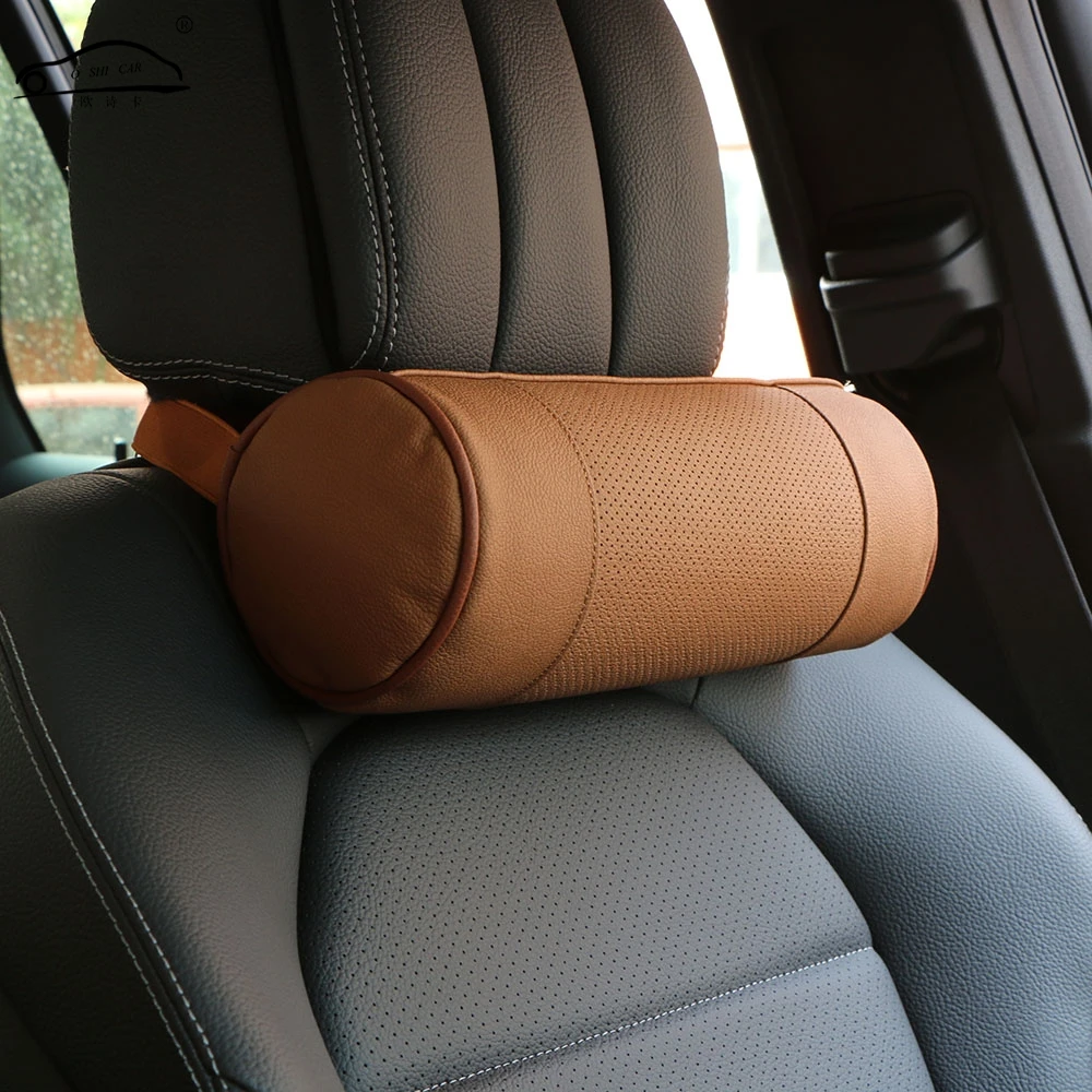 Memory Foam Car Head Pillow Neck Pillow/Genuine Leather Auto Cervical Round Roll Office Chair Bolster Headrest Supports Cushion