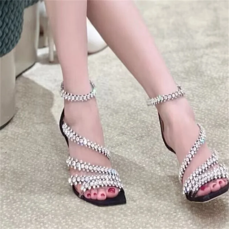 Crystal Women\'s Shoes Black High Heels Square Toe Female Ankle Strap Zapatos De Mujer Pumps Transparent Belt Diamond Sandalias