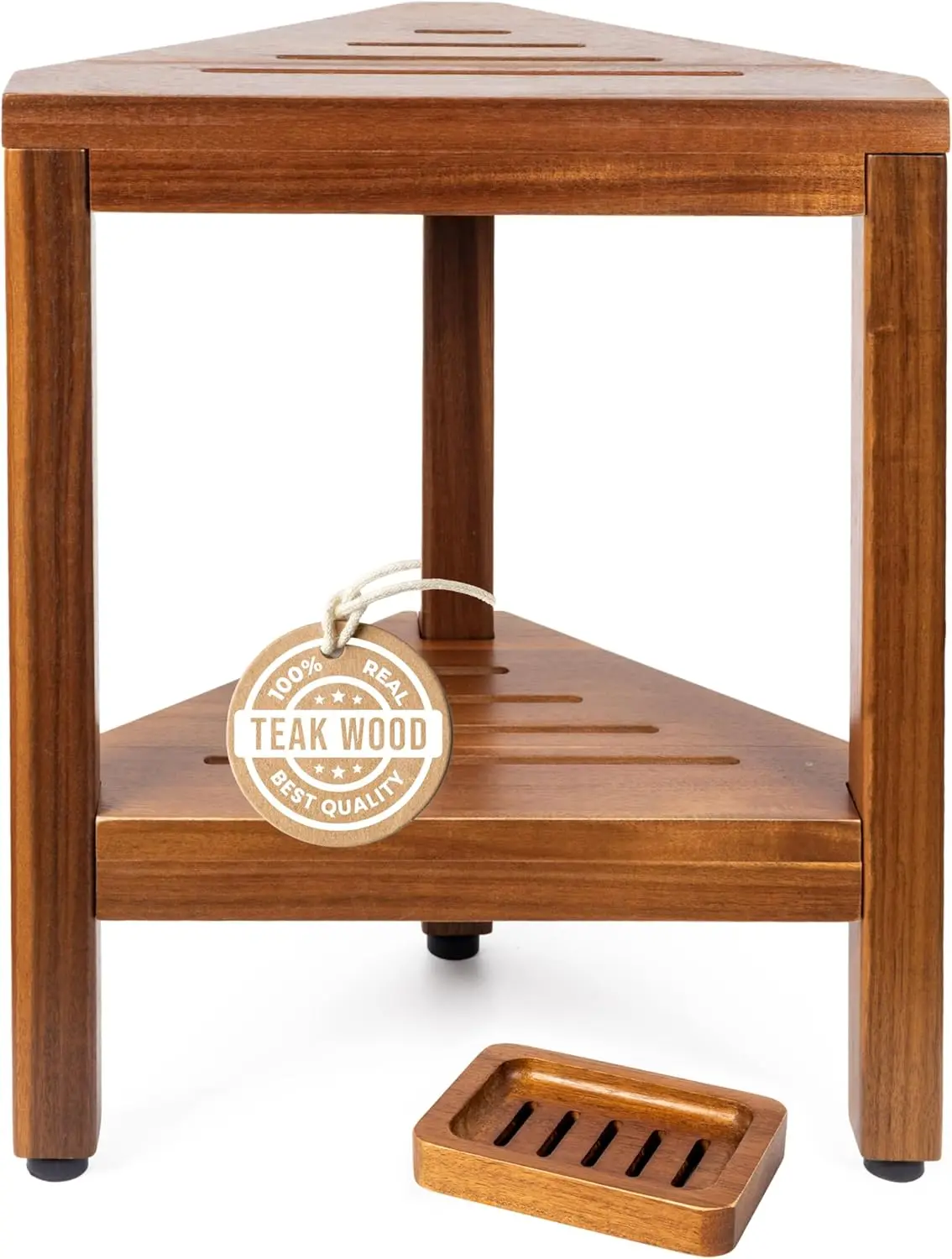 

Teak Corner Shower Bench with Matching Soap Holder - Sturdy Waterproof Bathroom Stool Chair with Storage Shelf for Bathing Suppl