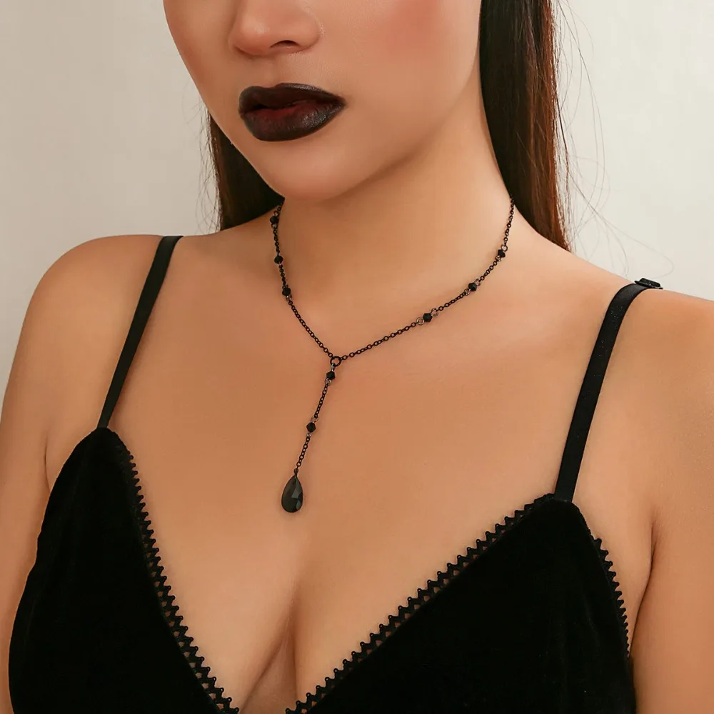 القوطي الأسود قطرة الماء كريستال الصدر سلسلة قلادة للنساء Collares خمر مثير ربط المختنق Y2K هالوين مجوهرات اكسسوارات #6