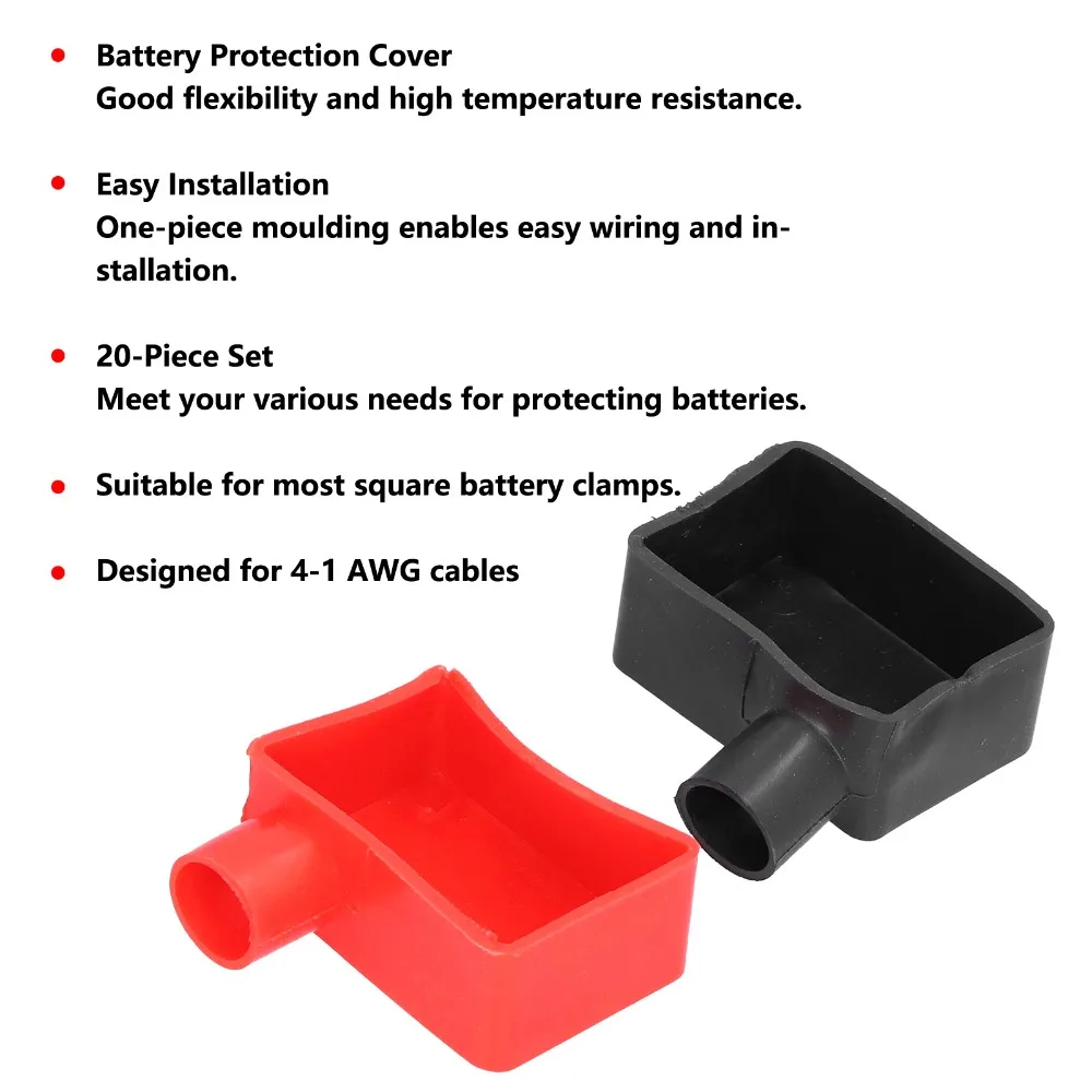 20Pcs Red and Black Battery Terminal Covers Insulating Rubber Rubber Battery Boots Square Top Post Protectors