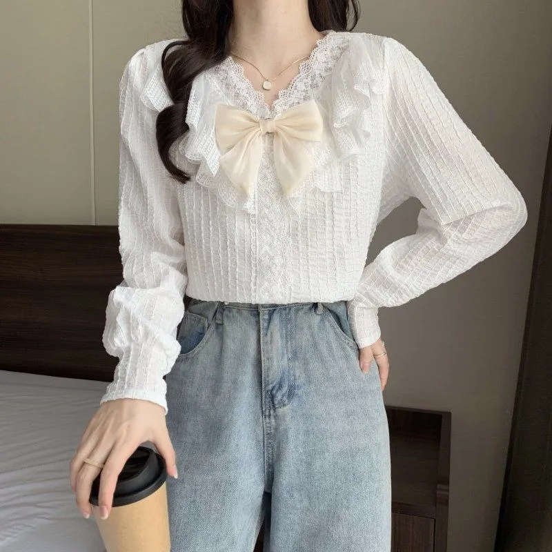 Femme printemps été mode Preppy Style bouton couleur unie col en v coton femmes chemises jeune Style animé à manches longues haut t-shirt