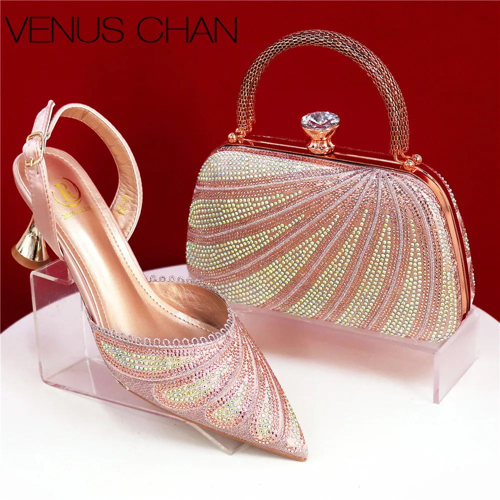 Women High Heel for Lady 2026 Luxury Designer Champagne Color Full Diamond Pointed Toe Wedding Shoes and Bag Set for Party