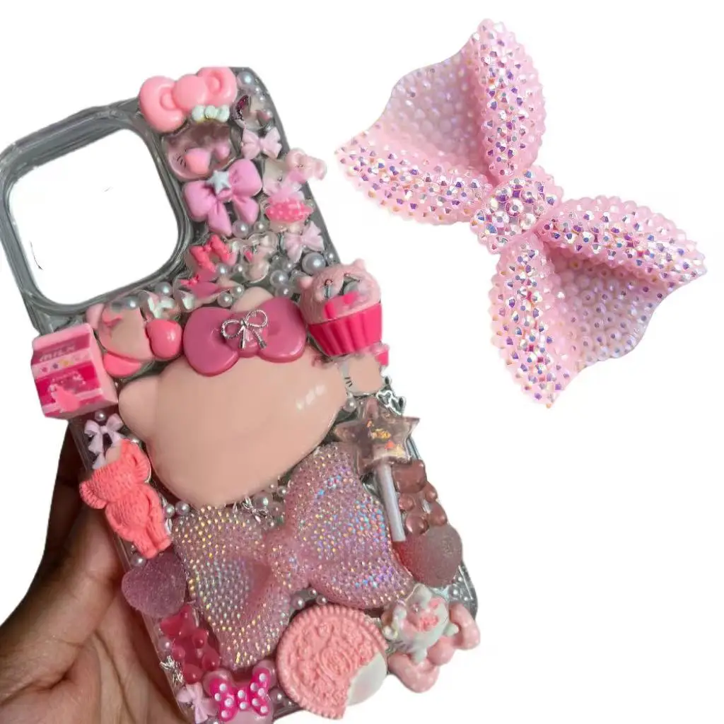 1Pcs Kawaii Bling Pink Full Diamond Bow Tie Junk Phone Case Laptop Decoration Charm Accessories Flat Back Scrapbooking DIY Craft