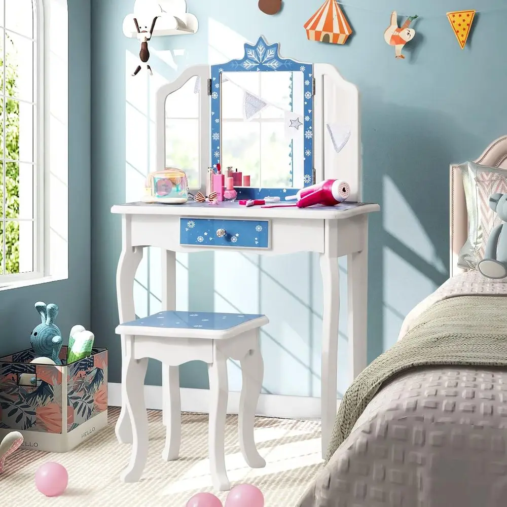 Kids Vanity Table and Chair Set with Mirror, Stool, Storage Der - Wooden PrincMakeup Dring Table or Little Girls - Toddler Prete