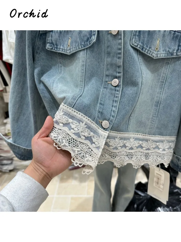 معطف Y2K شتوي كوري أنيق واحد الصدر أزرق Y2K معطف نسائي غير رسمي بياقة مقلوبة من الدانتيل مُزين بقطع القماش سترة دينم كلاسيكية