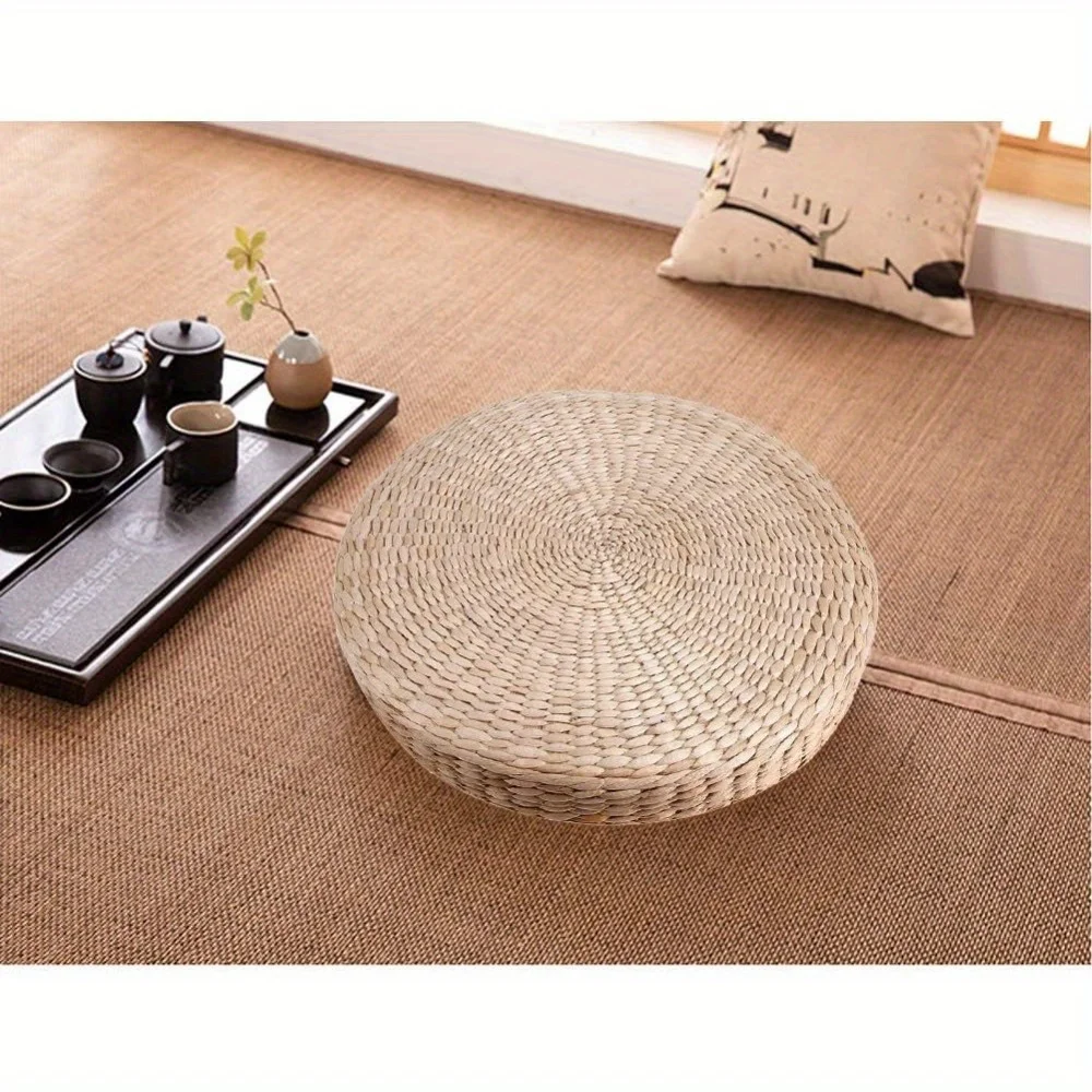 Ejoyous Tatami Seat Cushion, 15.75 x 2.36in Handmade Woven Straw Pouf Floor Seat Cushion Japanese Style Futon Round Knitted Medi