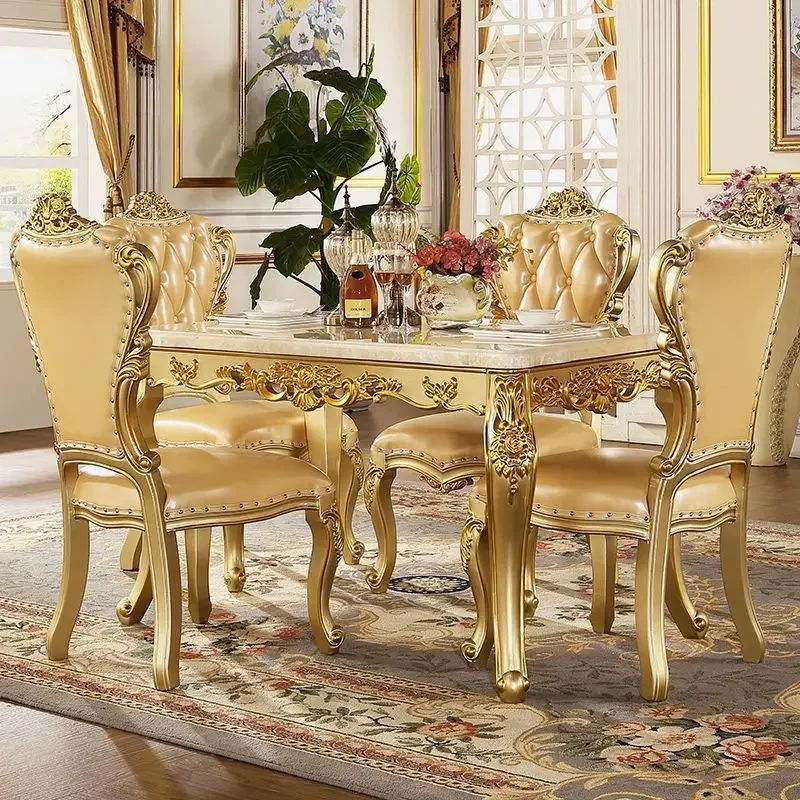

2025 new European marble dining table rectangular solid wood dining table and chair combination small apartment dining table