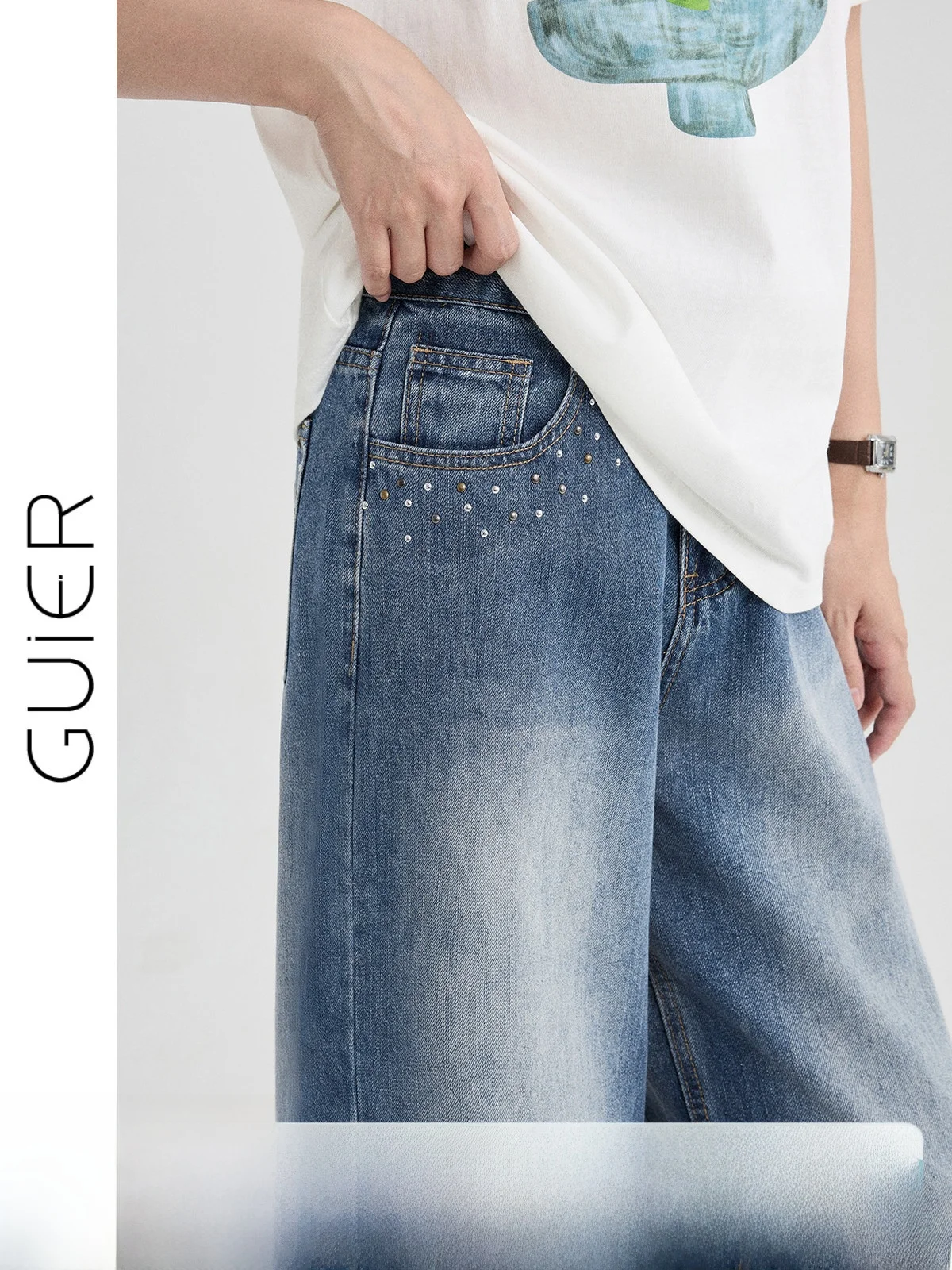 

Heavy Embellished Denim Jeans Women's High Waist Loose Straight Leg Summer Vintage Style Diamond Embroidery No Stretch