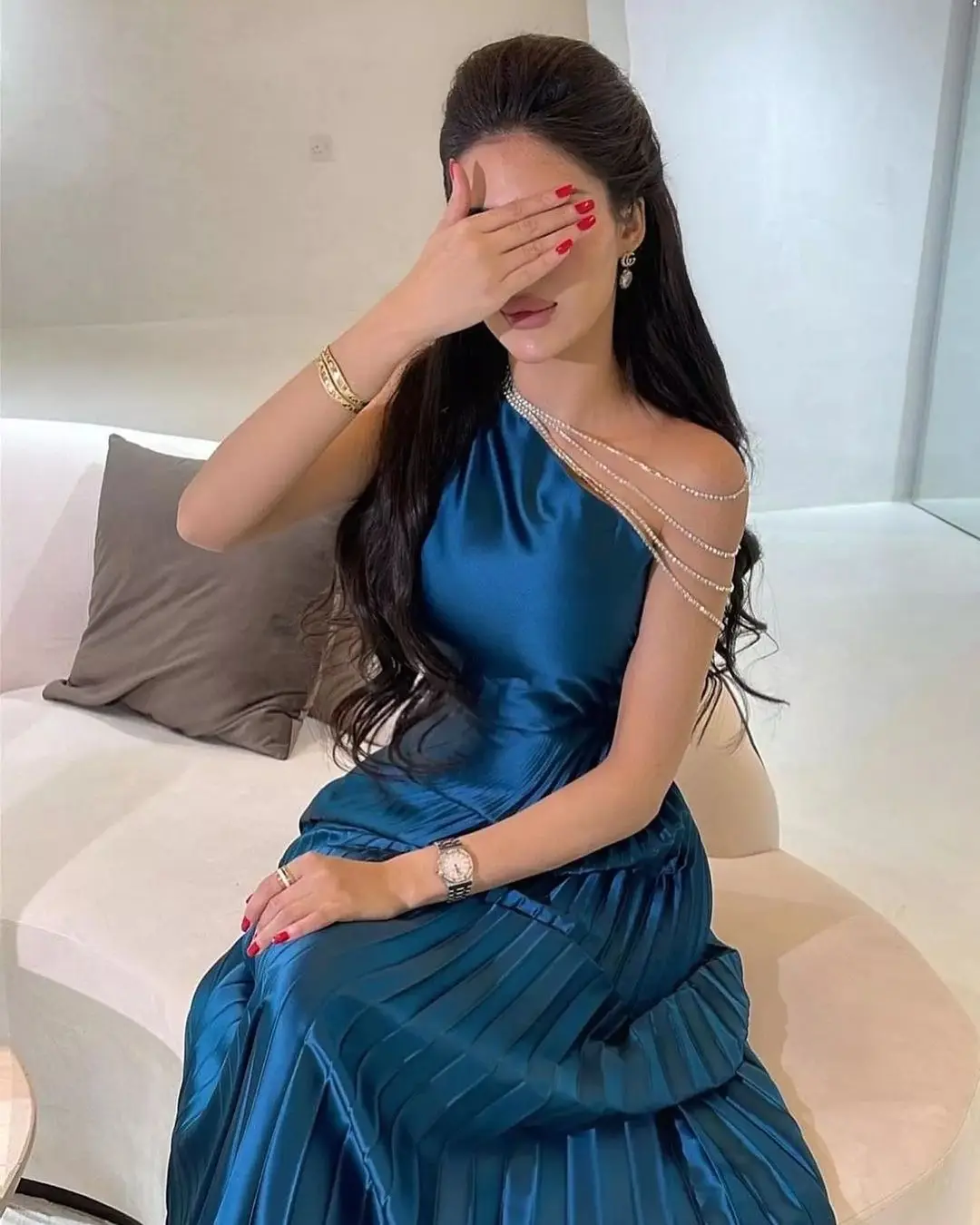 

Welove Navy Blue Long Prom Dresses A-Line One Shoulder Ankle Length Pleated Prom Gowns Formal Party Dress