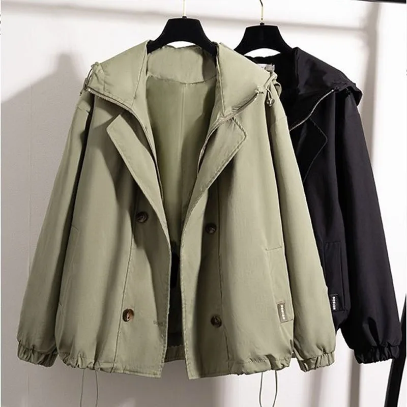 موضة ملابس العمل خندق معطف المرأة 2025 ربيع الخريف جديد مقنعين سترة واقية سترة الإناث حجم كبير أبلى ملابس خارجية قصيرة