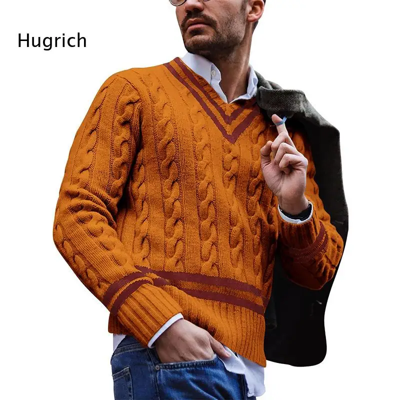 Fashion Men Color Block Striped Cable Knit Jumper V Neck Long Sleeve Casual Warm Pullover Sweater