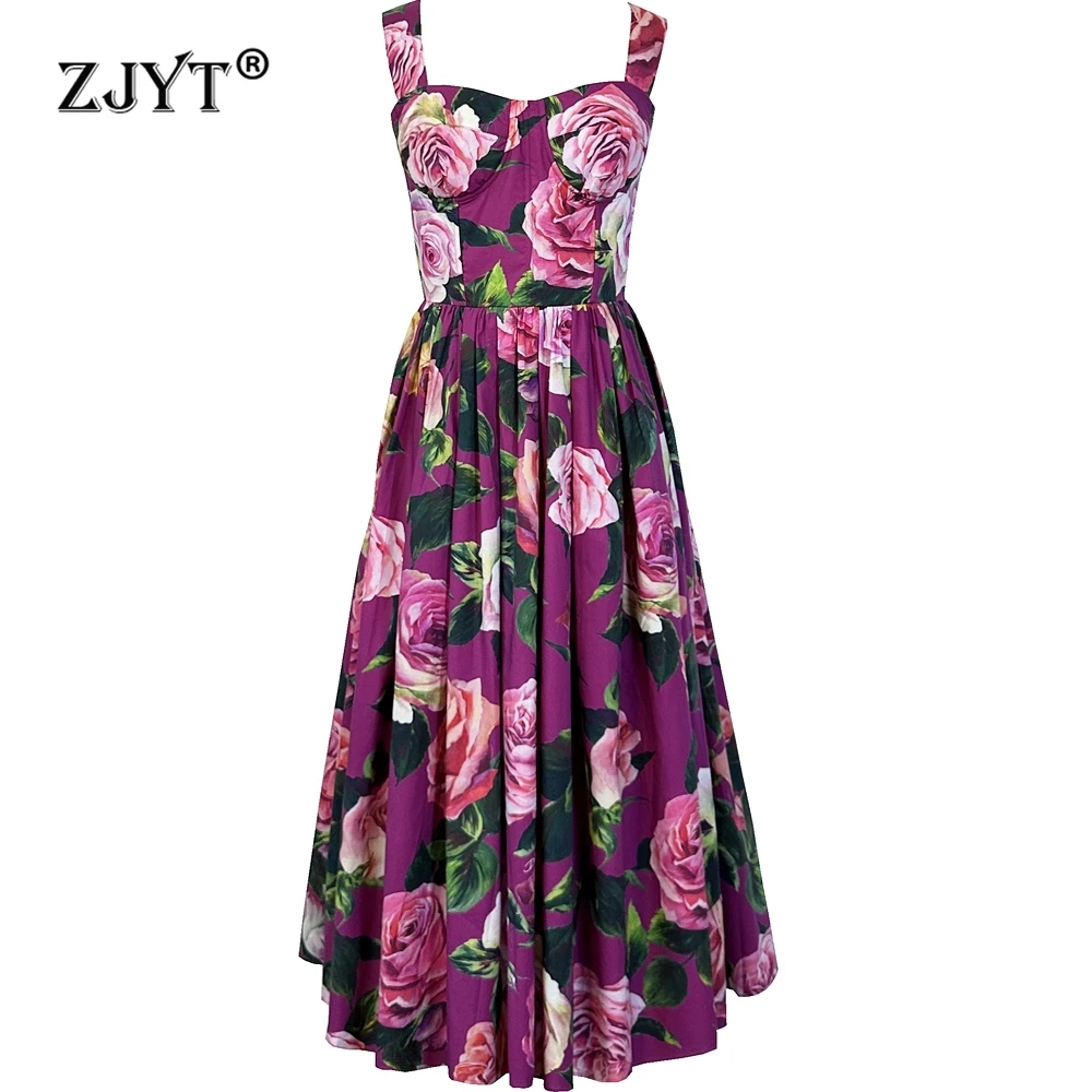 

ZJYT Summer Fashion Floral Print 100% Cotton Dresses for Women Spaghetti Strap Long Party Vacation Beach Dress 2025 Runway New