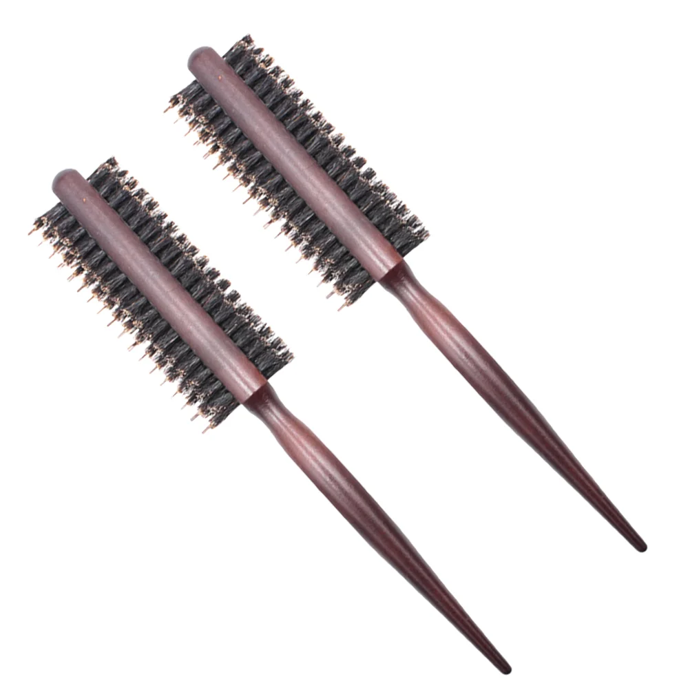 2 Pcs Combs Straighten Curl Hair Brush Dual Purpose Detangling Bristle Small Brown Round