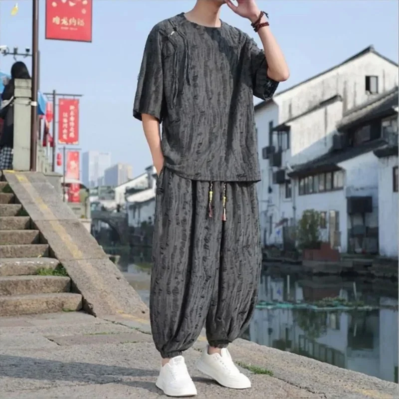Men's Summer Oriental‑Inspired Y2K Two‑Piece Set, Loose Jacquard Distressed Short Sleeve Top & Harem Jogger Pants Streetwear