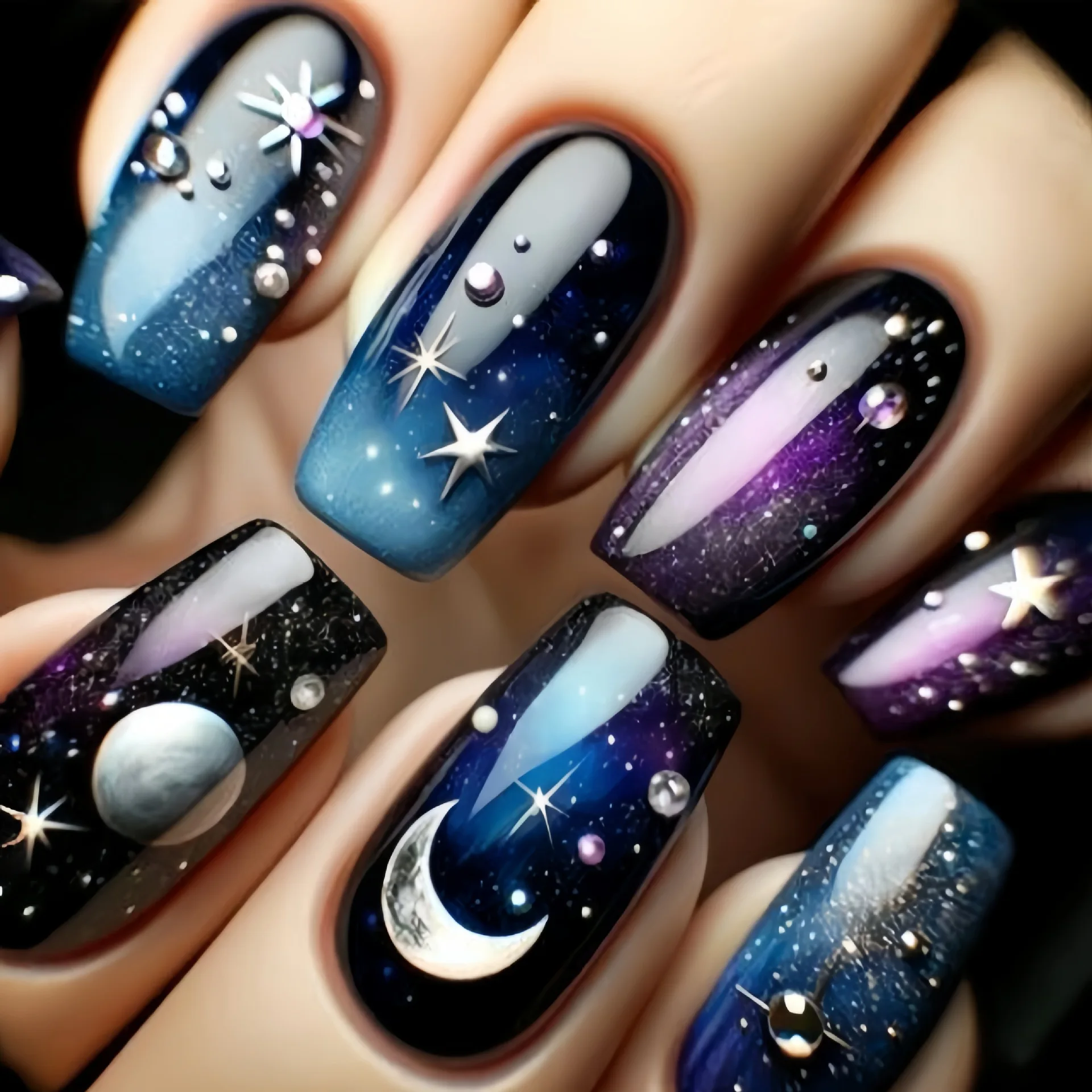 24pcs/set Medium long square fake nails for women starry sky gradient black blue purple moon star design press on false nails