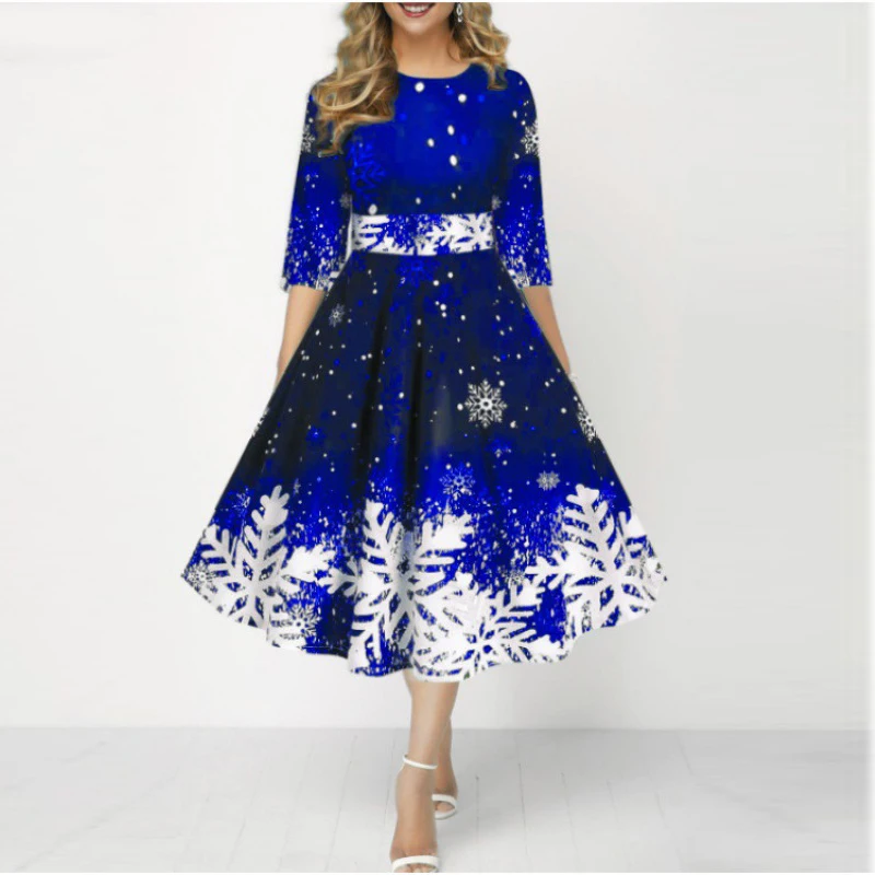 فستان عيد الميلاد للنساء برقبة دائرية 3/4 كم فساتين حفلات على شكل حرف a للنساء فستان ميدي مطبوع على الموضة فستان سهرة أحمر #2