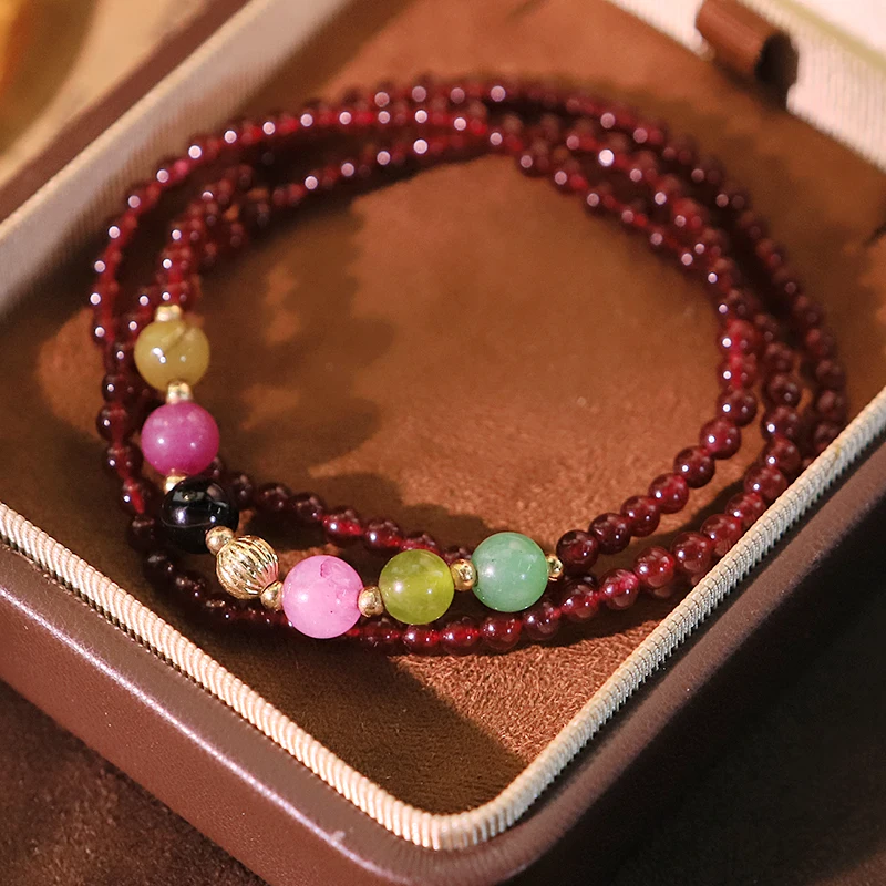 Garnet Colorful Natural Stone Three-Circle Bracelet Simple Luxury Design Bracelet for Women Banquet Women's Jewelry GB1338