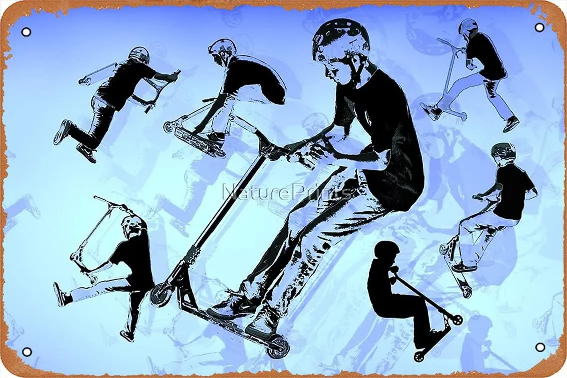 ¡Todo sobre el patinete! Póster de trucos de Scooter, cartel de hojalata de Metal de 8x12 pulgadas, cueva de hombre, arte Retro Vintage para decoración de pared