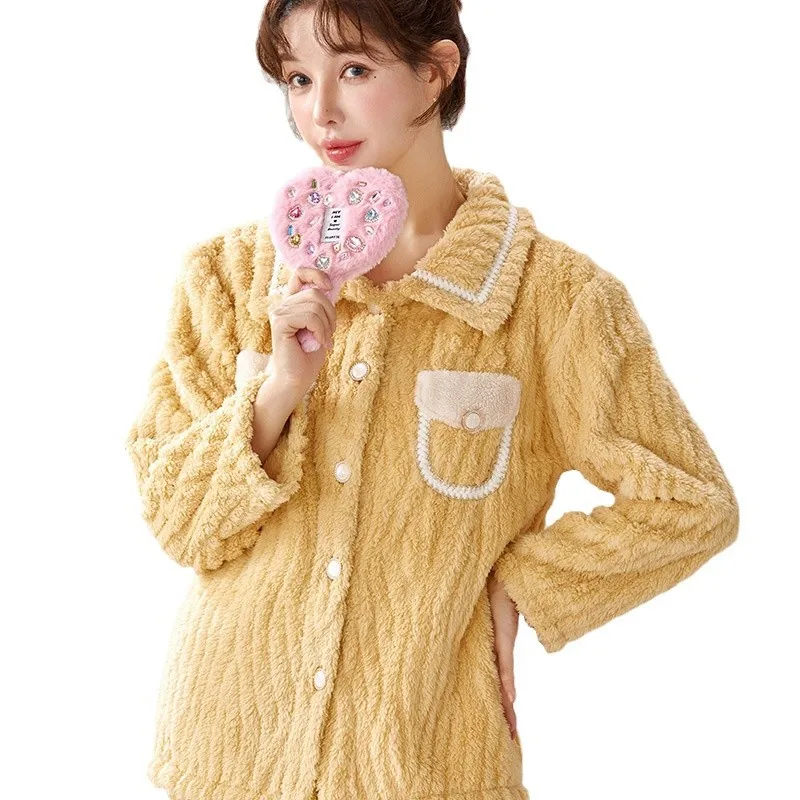 

Пижамы женские осенне-зимний фланелевой костюм утолщенный теплый корейский коралловый флис костюм из двух предметов кардиган домашняя одежда повседневная ночная рубашка