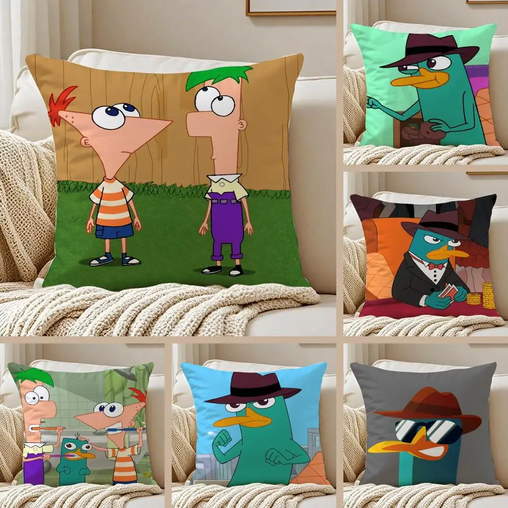 Capa de Almofada P-Phineas and Ferb em Pelúcia Curta e Sedosa, Capa de Sofá com Zíper Oculto, Capa Macia e à Prova de Poeira para Decoração de Casa