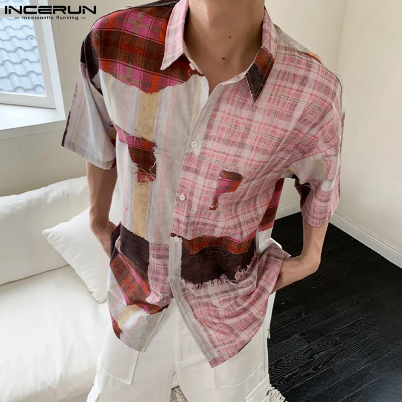 INCERUN Tops 2024 Korean Style New Men's Striped Checkered Printed Shirts Summer Handsome Male Short Sleeved Lapel Blouse S-5XL