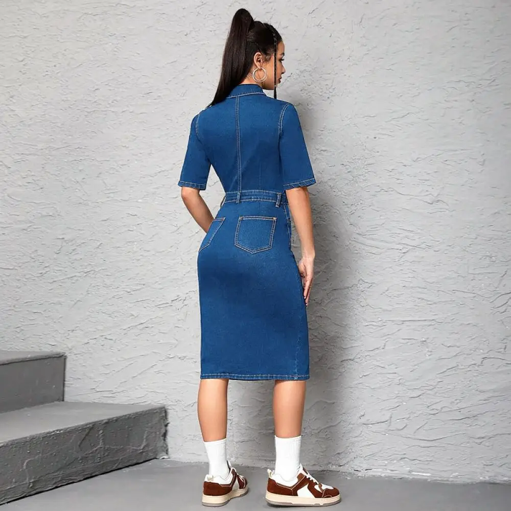 Plus Size Jean Dress Women Summer Casual Short Sleeve Turn Down Collar Split Mid Length Slim Fit Blue Washed Cotton Gown
