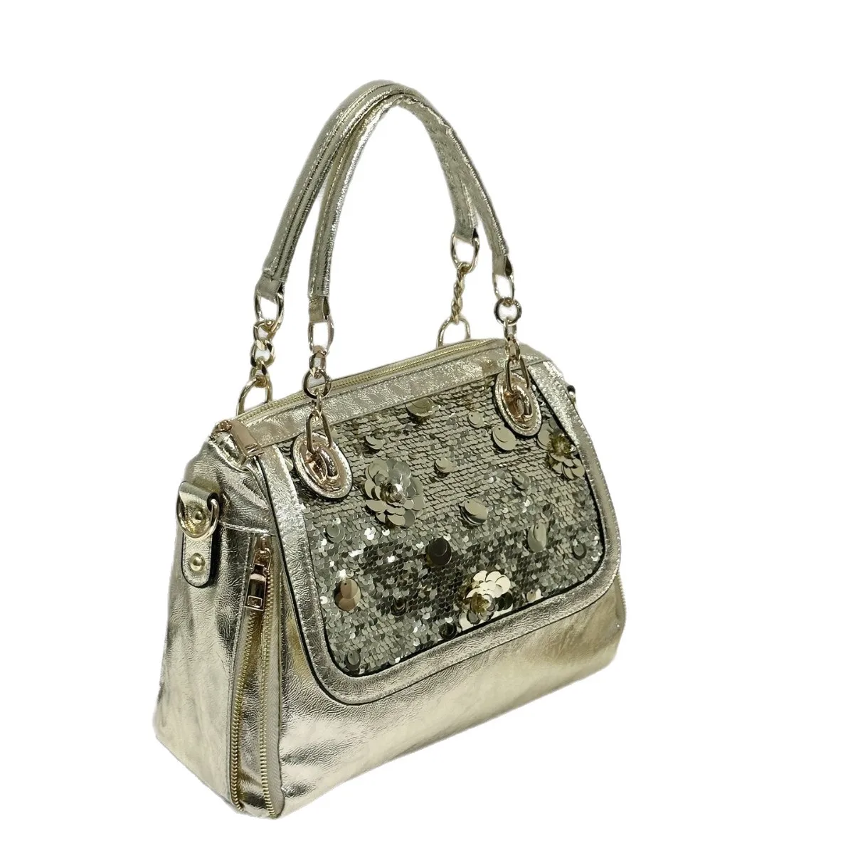 Luxury Sparkly Sequined Women Tote Bag Shoulder Crossbody Purse for Party 3D Flower Pattern Chain Handle Multiway Handbag