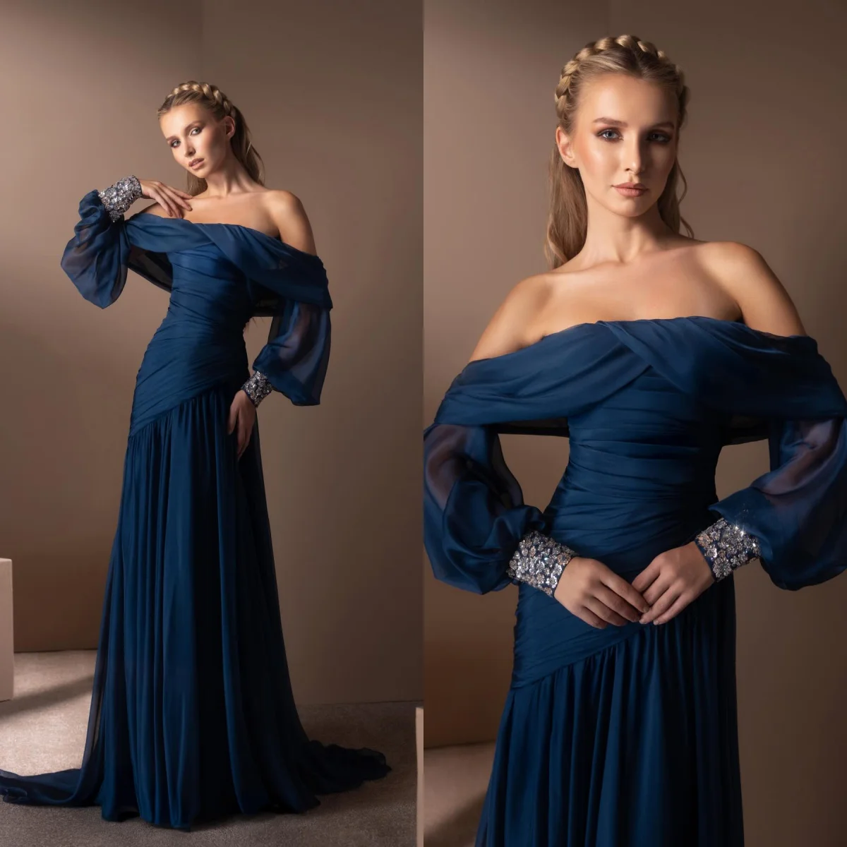

Великолепные синие вечерние платья для женщин с открытыми плечами и длинными рукавами, шифоновое платье для выпускного вечера на заказ, длиной до пола, Vestido de Gala