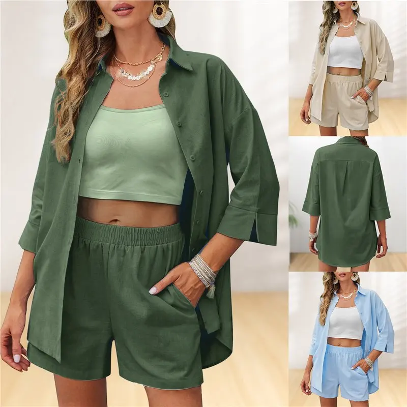 

2024 Summer Shorts Pants Suits Sets Womens Solid color Shirt Sets Temperament Casual Short Sleeve Shirts + Shorts Two Piece Sets