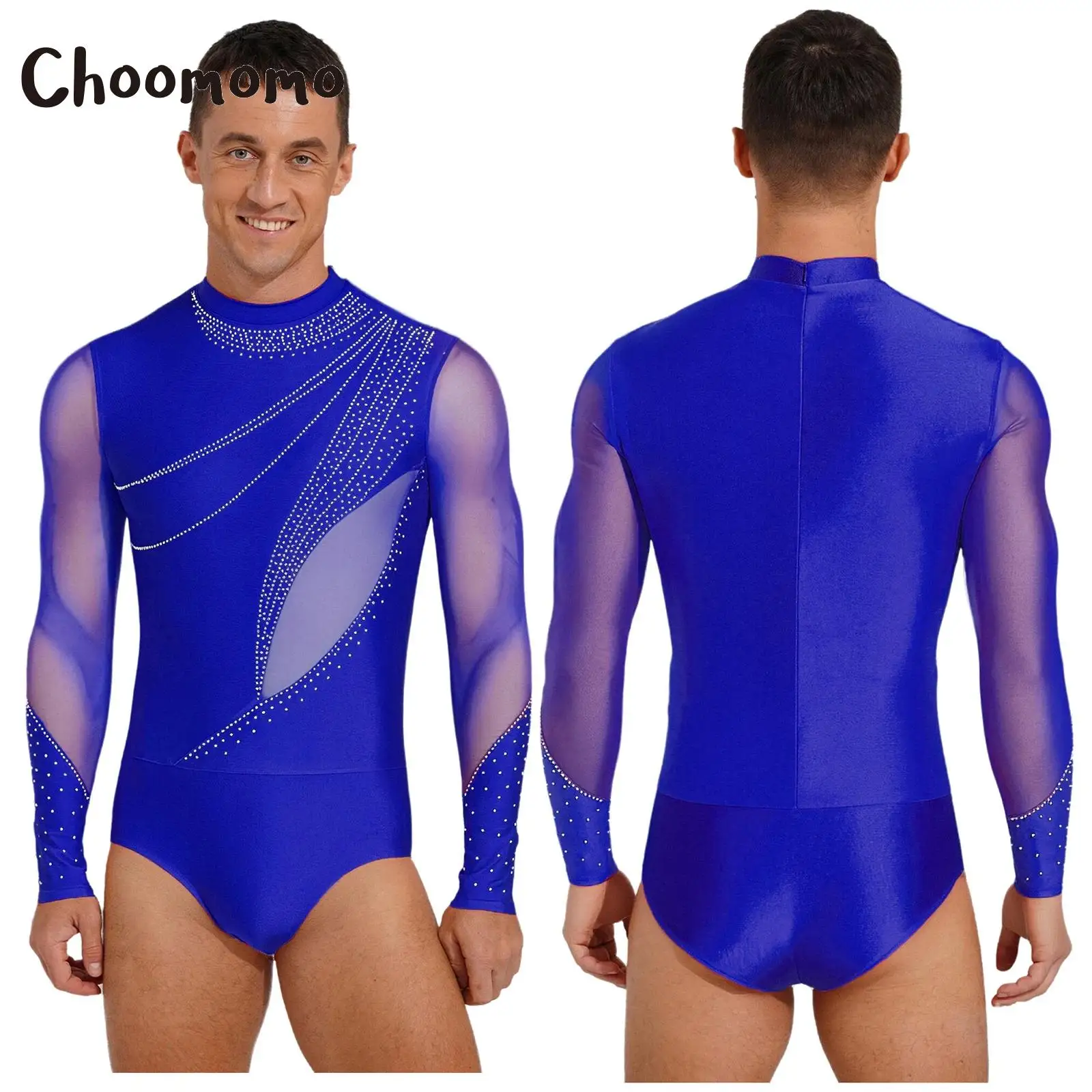 

Mens Latin Dance Leotard Figure Skating Bodysuit with Glittery Rhinestone Mesh Long Sleeves for Salsa Ballroom Stage Performance