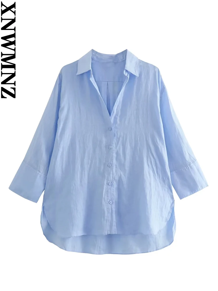 XNWMNZ Women's Fashion 2023 Asymmetric Hem Linen Shirt Women Casual Versatile Lapel Long Sleeve Front Button Female Top