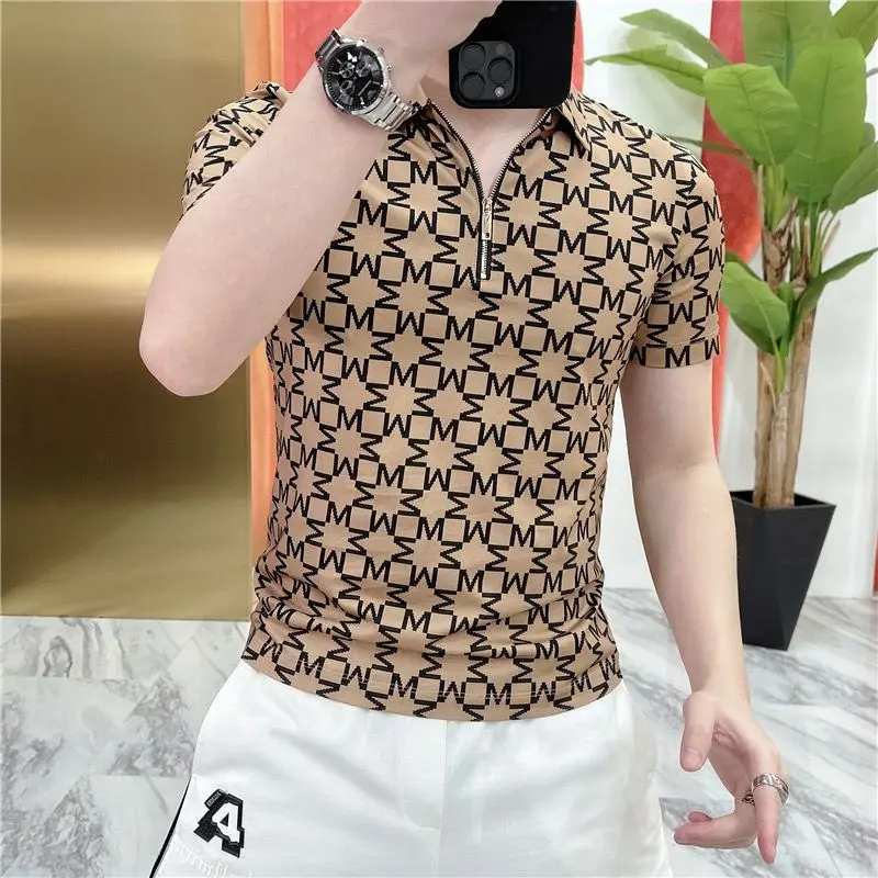 Summer New Fashion Loose Casual Versatile Printed Half Zipper Short Sleeved Polo Shirt Men Lapel Korean Vintage Thin Top 2024