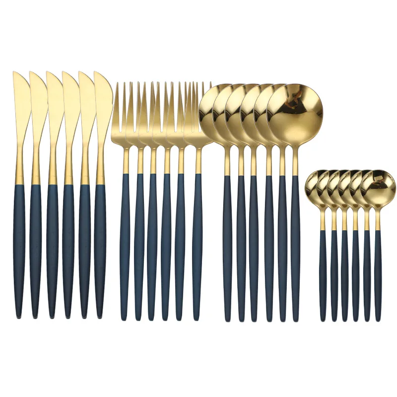24Pcs Black Handle Golden Cutlery Set Stainless Steel Knife Fork Spoon Tableware Flatware Set Festival Kitchen Dinnerware Gift