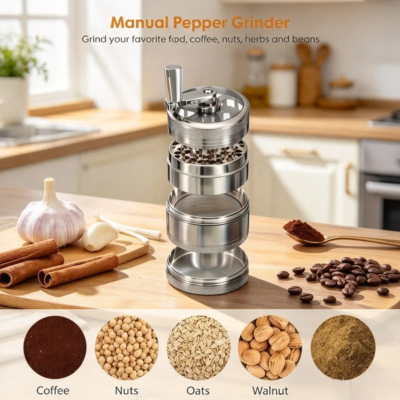 Hand Operated Spice Mill, Portable Manual Grinder Tool for Peppercorn, Rock Salt, Ginger and Nutmeg Mashing