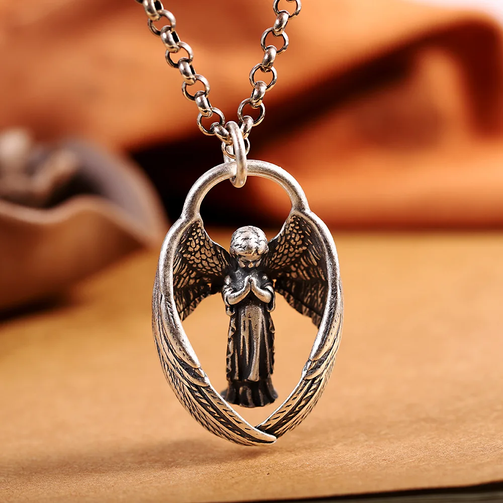 Vintage Silver Color Guardian Angel Pendant Necklace for Men Women Cherub Necklace Long Chain Hip Hop Jewelry Accessories Gifts