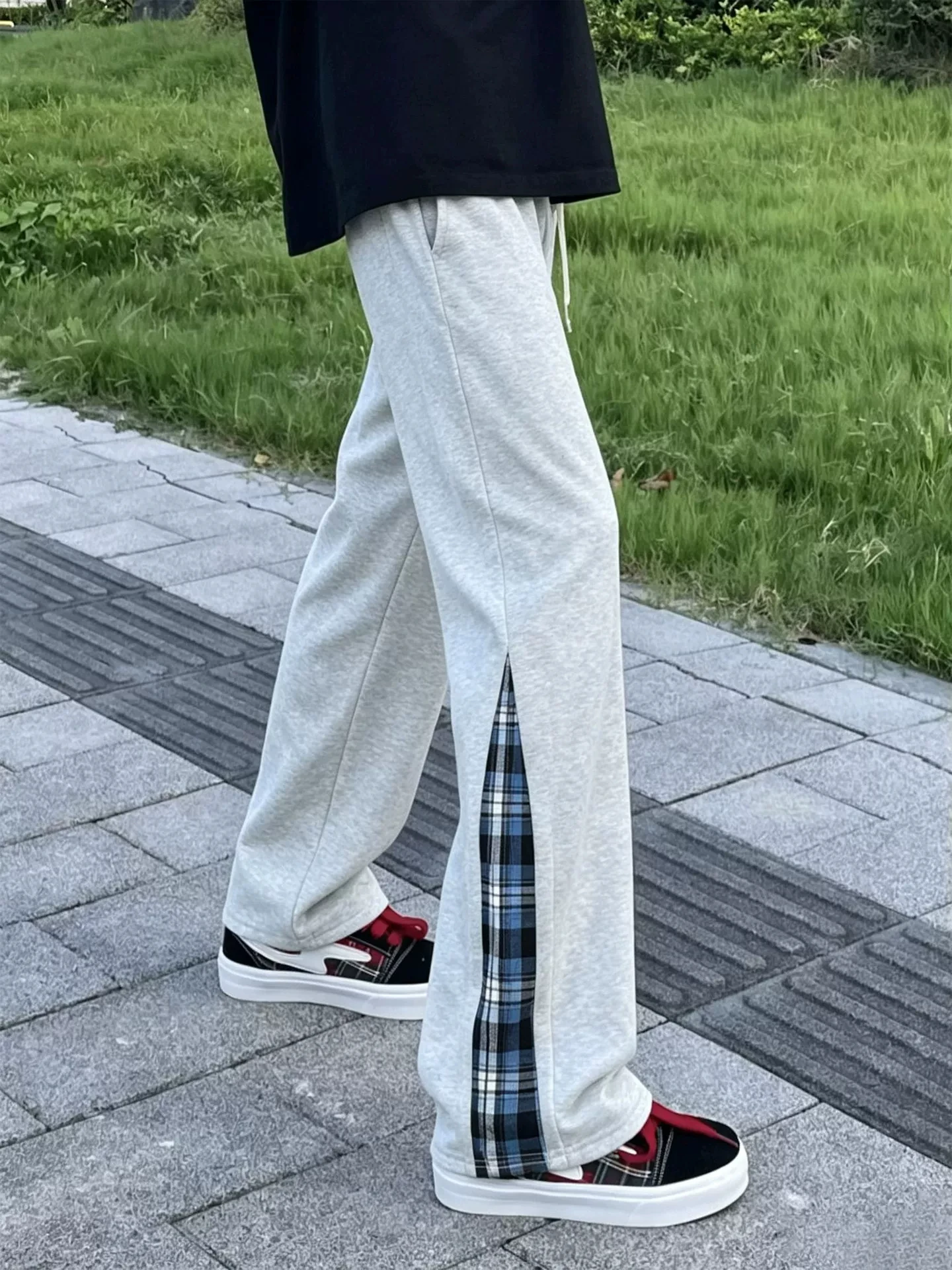 Gray And White Plaid Splicing Men's Fitness Sports Pants Straight Leg Casual Trousers Autumn Season High Street Style