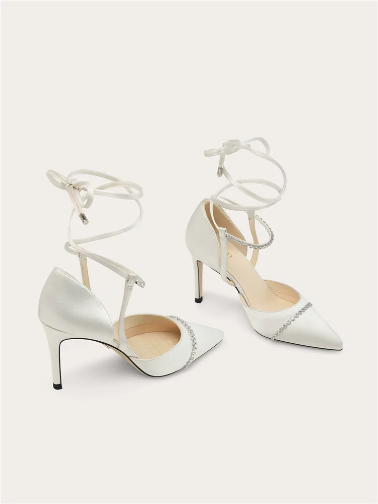 Spring and summer pointed rhinestone strap silk wedding shoes banquet large size small size widened high heels women's sandals