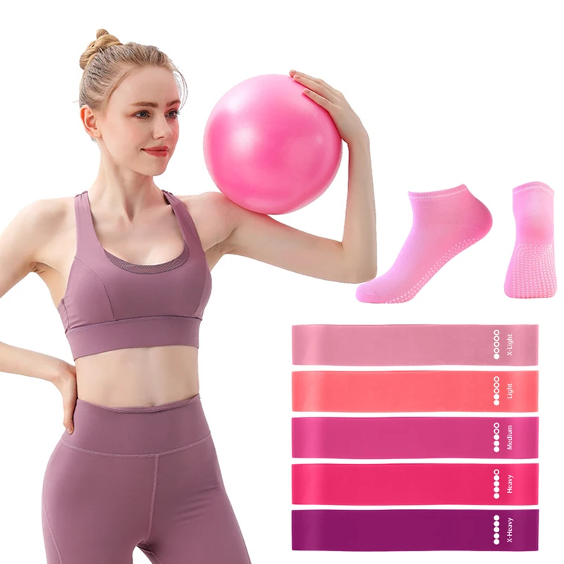 Pilates Ball Resistance Bands Grip Socks Sets, Loop Exercise Bands 5 Levels Yoga Ball 9 Inch, Non Slip Socks Workout Kit at Home