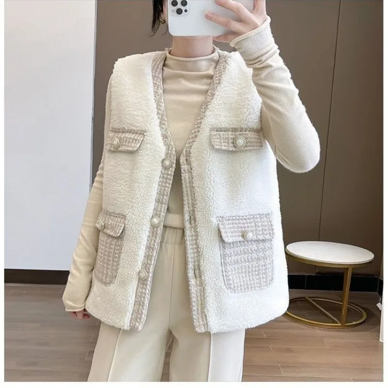 Women's Button-down Sleeveless Solid Color Pocket Thickened Vest Jacket V-neck Fashion Casual Cardigan Top