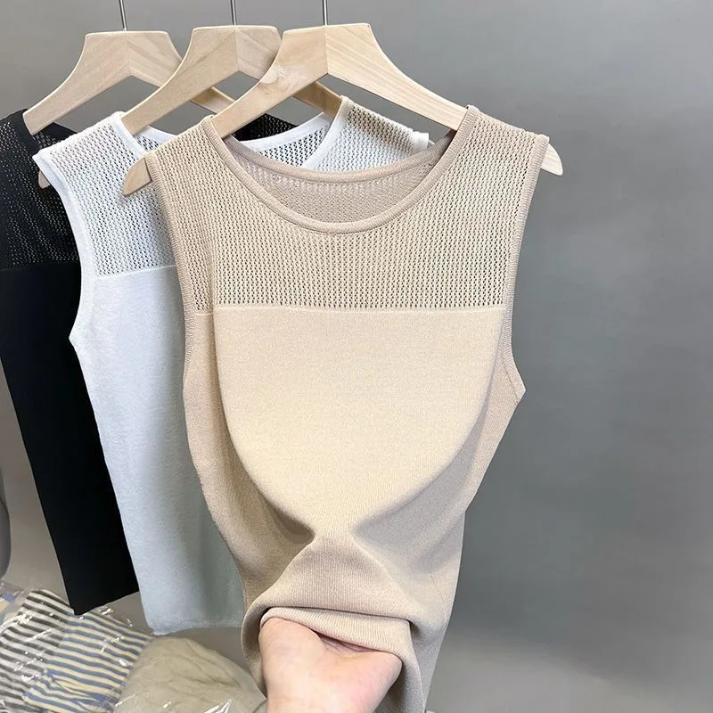 Gilet estivo in seta di ghiaccio sottile lavorato a maglia pullover scavato casual stile coreano moda casual 2025 canotte da donna
