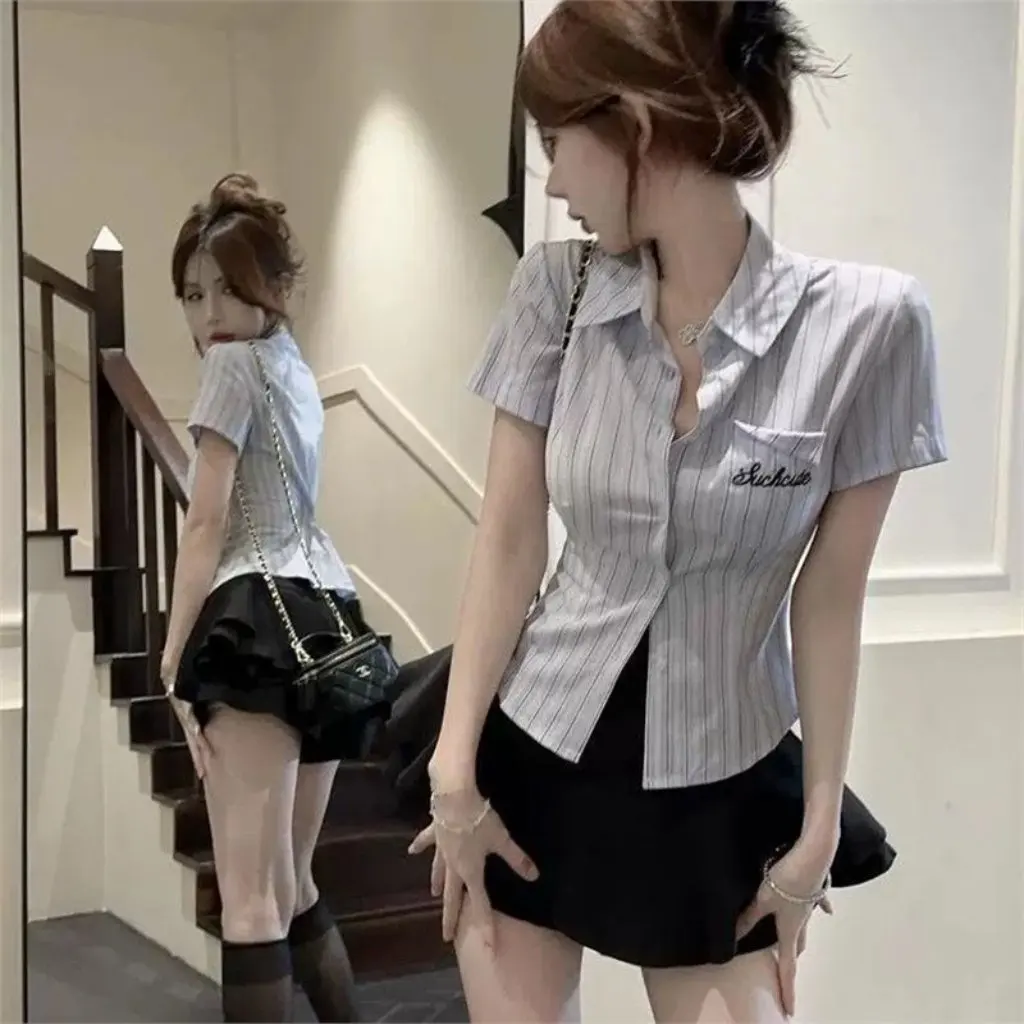 

Элегантная полосатая рубашка с короткими рукавами Pure Desire, летняя ниша с вышитым дизайном, универсальный топ для горячих девушек для женщин