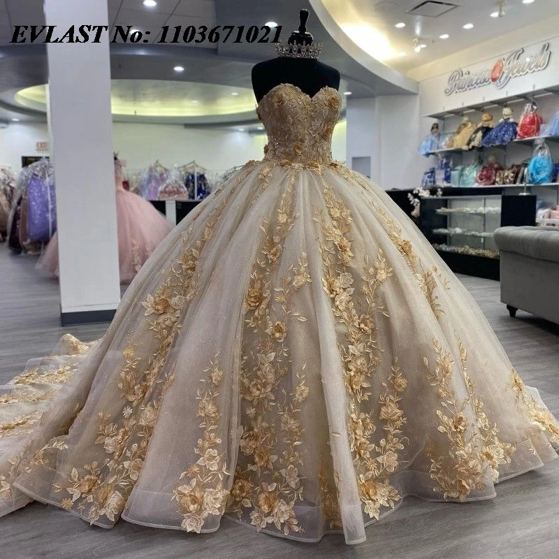 

EVLAST 2024 Champagne Quinceanera Dress Ball Gown Gold 3D Floral Applique Beading Corset Sweet 16 Vestidos De XV 15 Anos SQ26