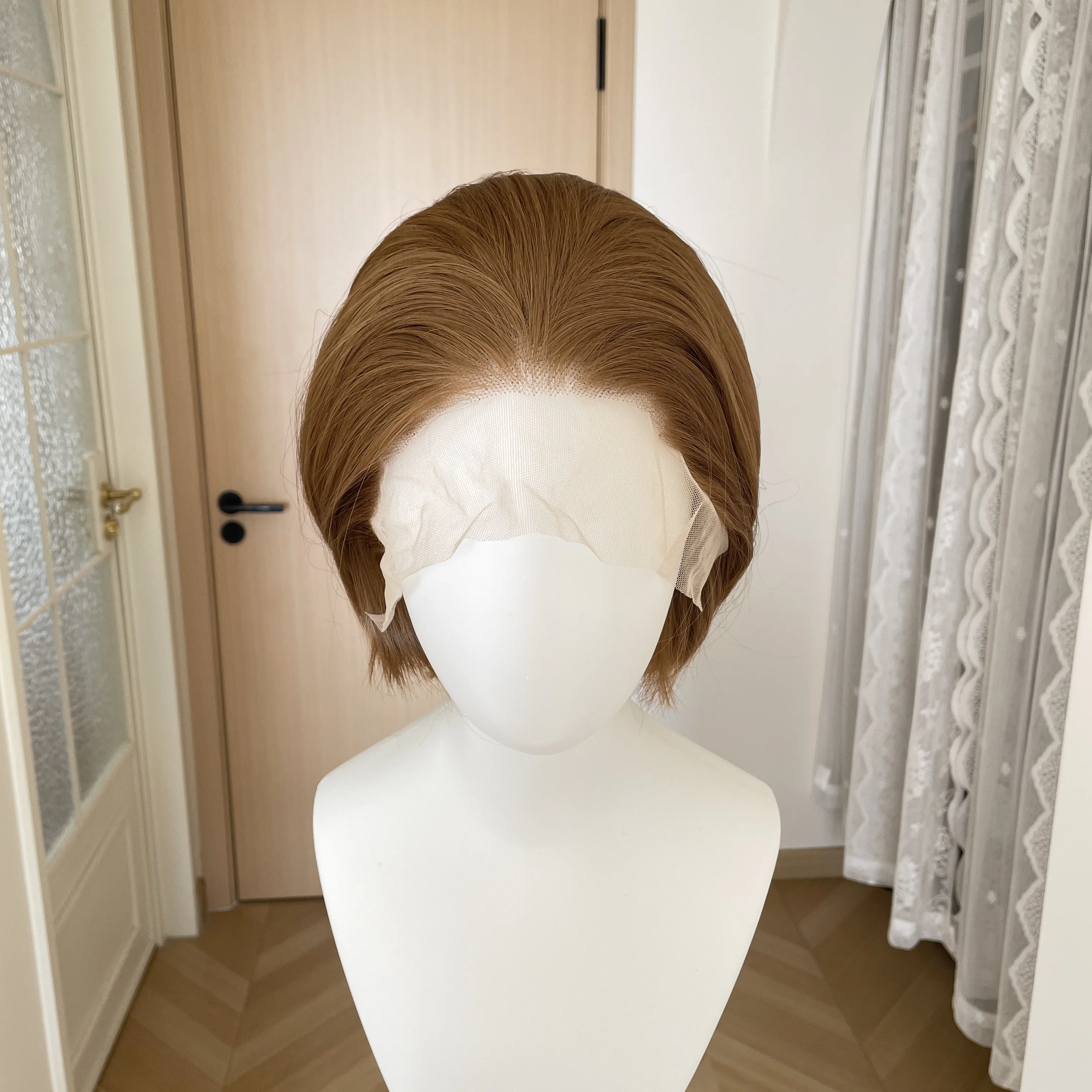 Dark Honey Brown Cosplay Wig for Men Short Bob Synthetic 13x4 Lace Front Wig for Women Glueless Half Hand Tied Fashion Natural